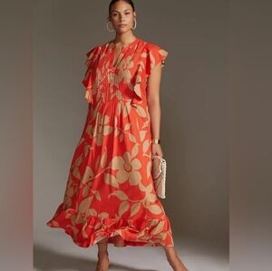 Anthropologie Maeve Cassandra Pleated Ruffle Floral Dress Orange Tan S Small